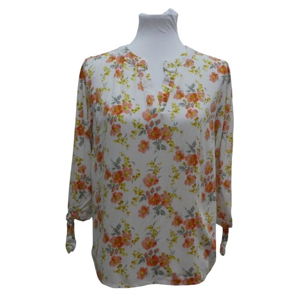 Rose & Thyme Floral V-Neck Blouse Womens Size Large White Orange 3/4 Tie Sleeve